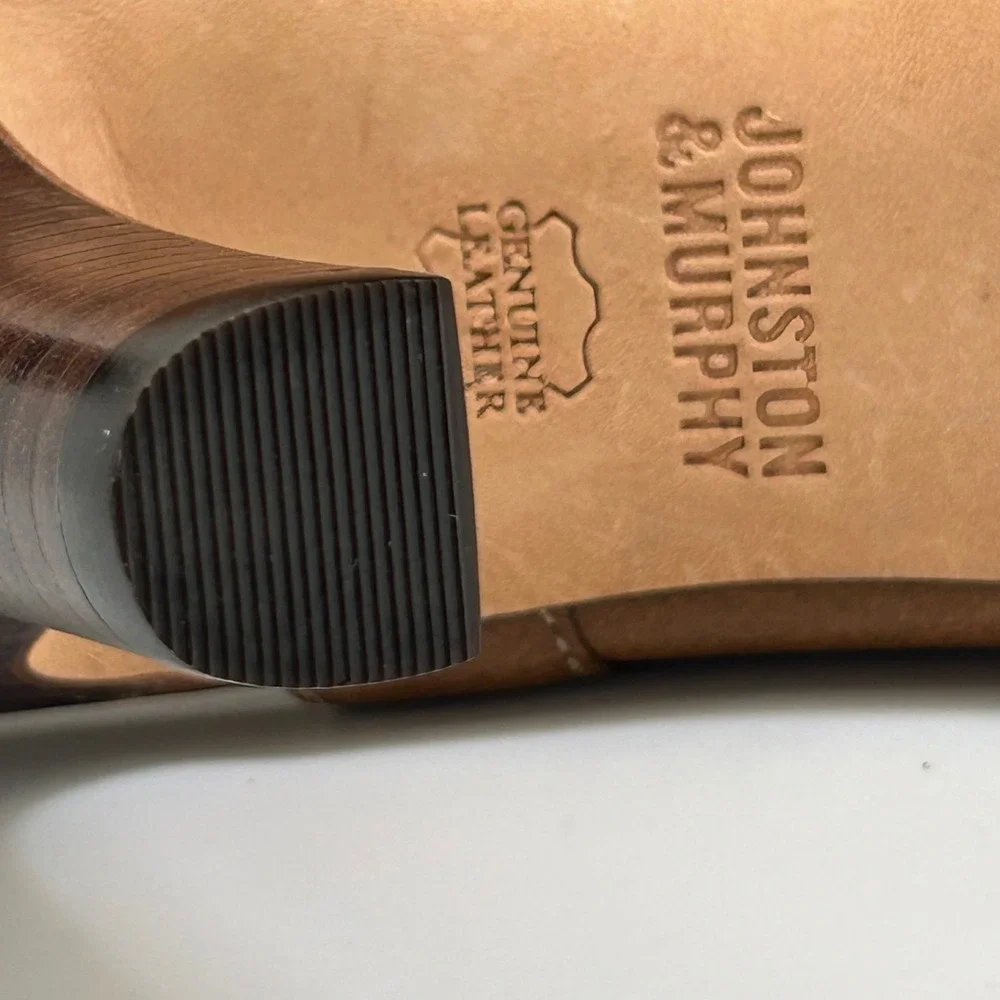 New Johnston Murphy Cassie Buckle Peep Toe Heel Booties 9.5‎ Brown Leather Ankle